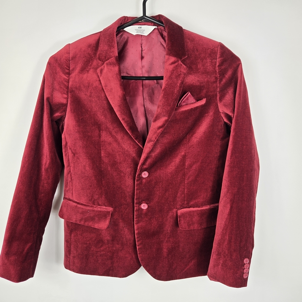 H&M Boys Red Velvet Blazer 9-10Y Single Breasted Red Pocket Square Lined Formal